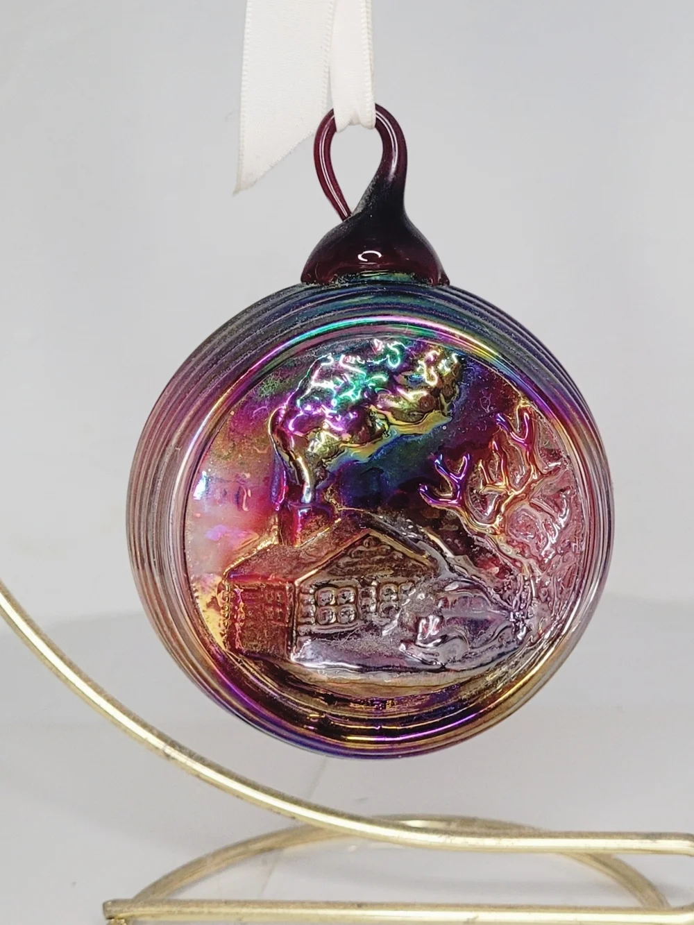 Rare 1990 Home For The Holidays Carnival Glass 3D Ornament - Iridescent Rainbow